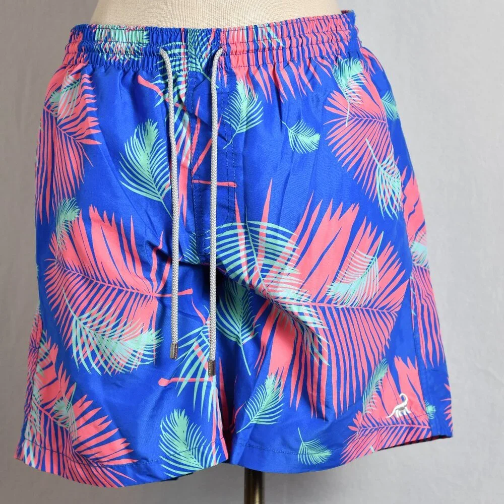 Surfcuz Blue/Pink Leaf Print Swim Trunks Lined - Size XXL